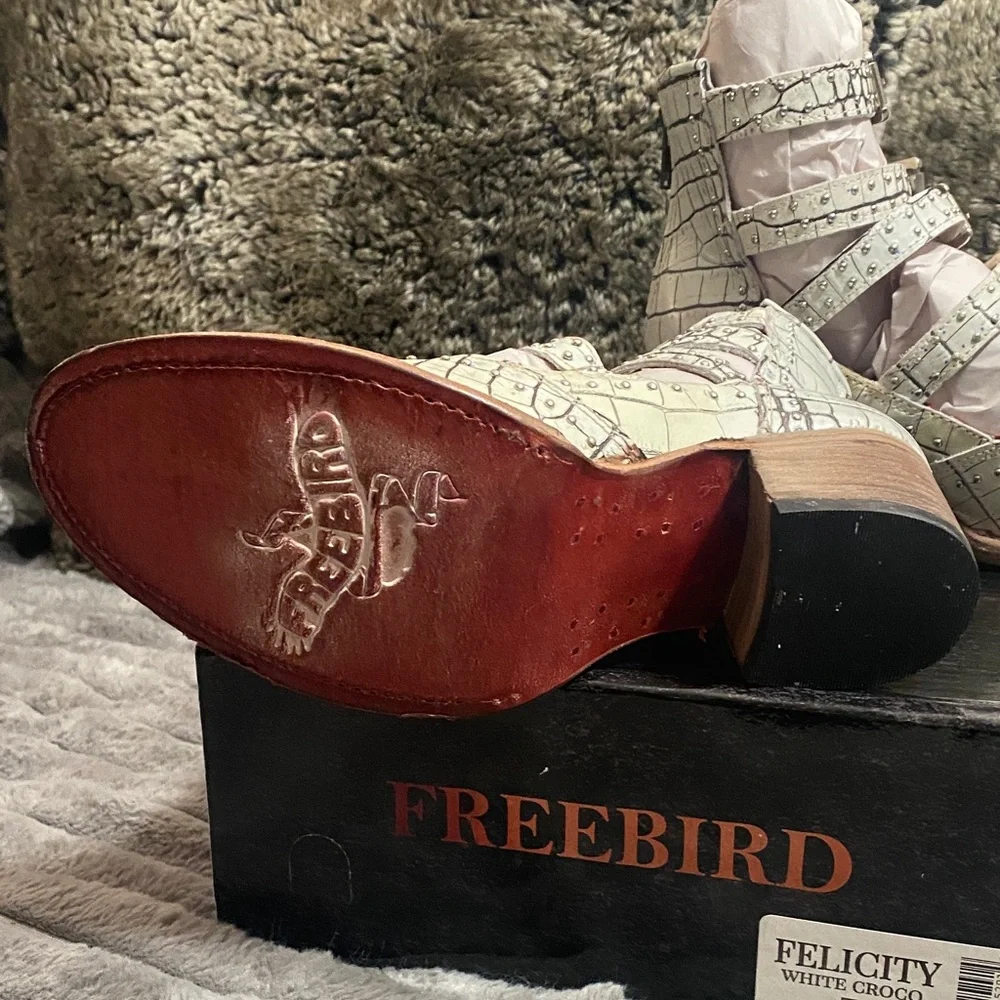 Freebird Croc-Embossed Ankle Booties in Cream and Brown - Picture 4 of 4